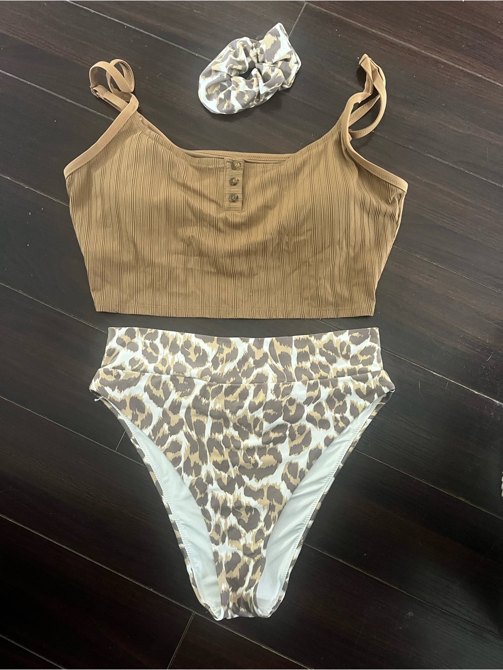 Aerie 3 piece High-Waist Leopard Bikini Set with Tan Ribbed Top